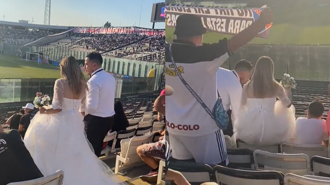 ¡Hasta con el ramo! Recién casados llegaron al Monumental para ver el Colo Colo-Ñublense