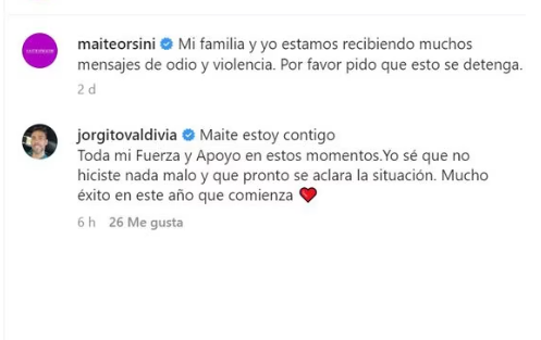 Jorge Valdiva hizo pública su manifestación de apoyo para Maite Orsini