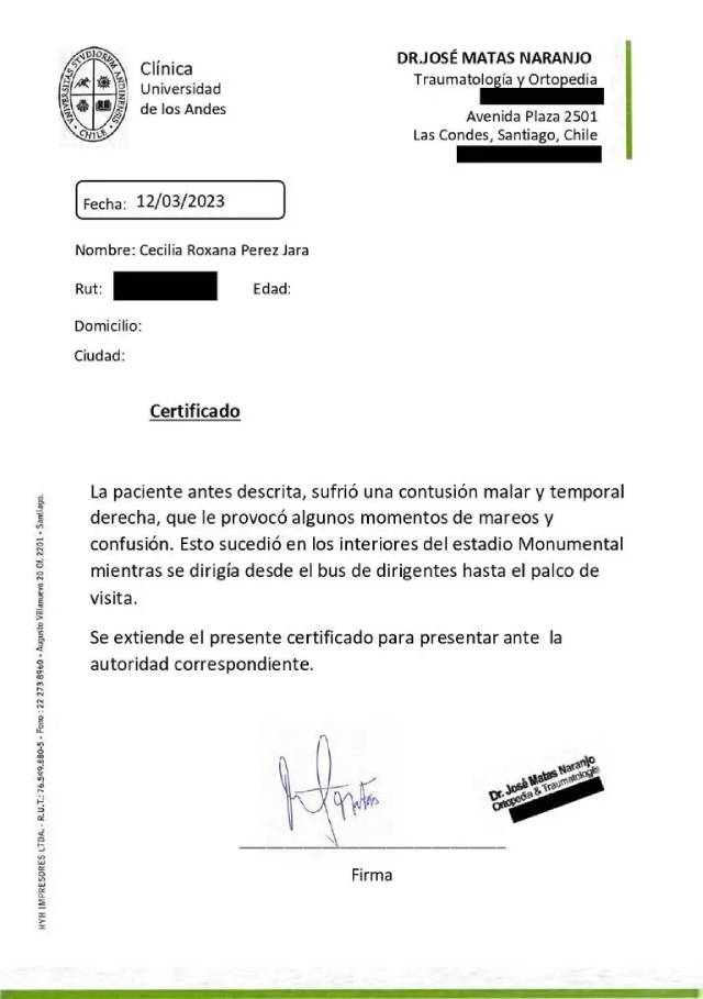 Certificado médico confirma contusión que sufrió Cecilia Pérez en el Superclásico