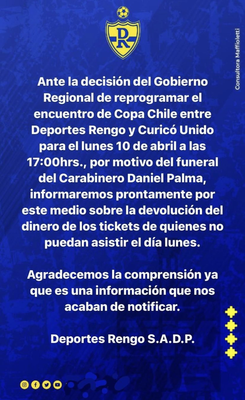 Partido entre Rengo y Curicó en Copa Chile fue reprogramado por el funeral de cabo Daniel Palma