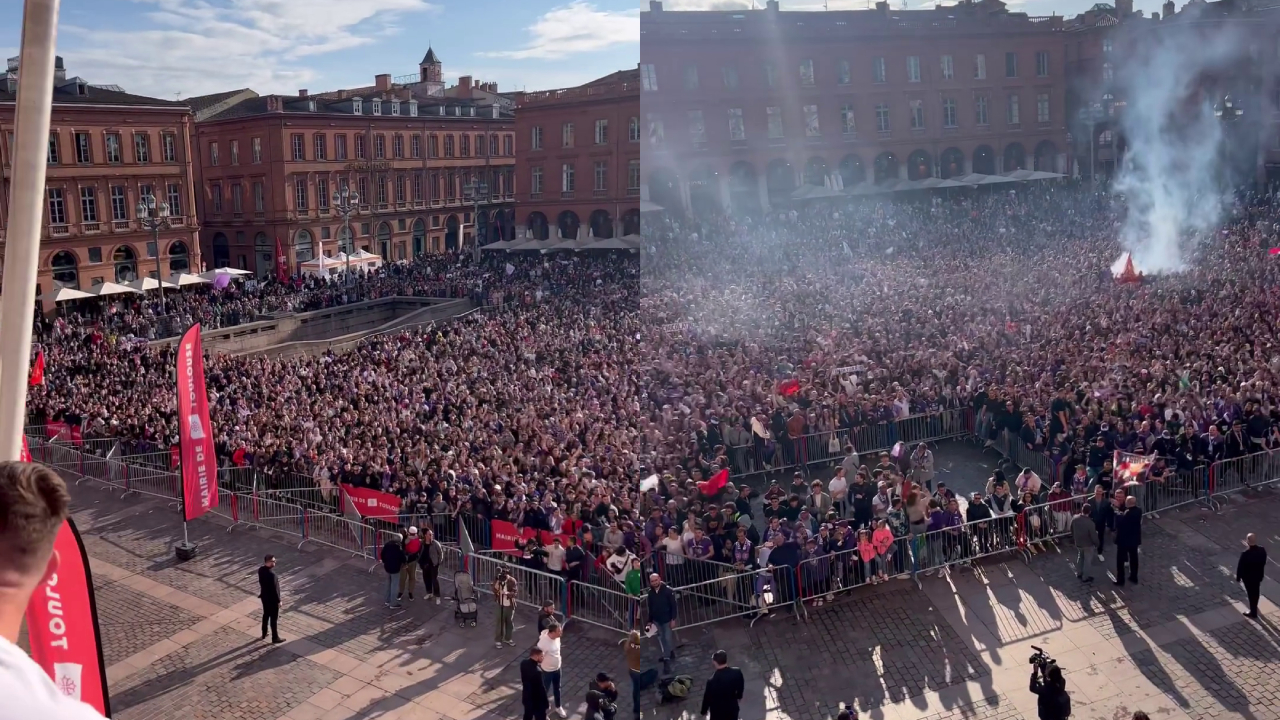 Gabriel Suazo grabó masivo festejo de los hinchas de Toulouse en la Plaza del Capitolio