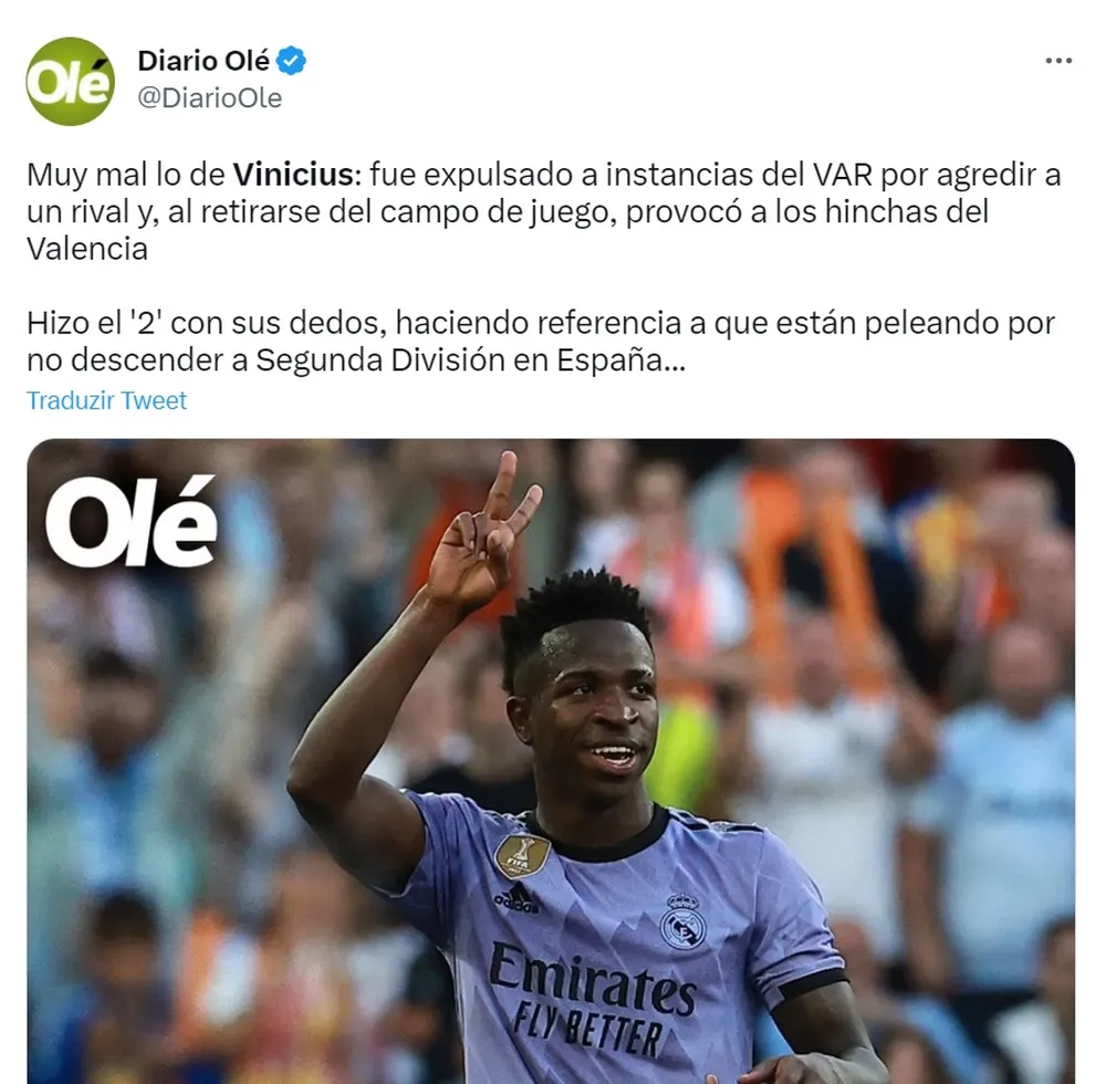 En Brasil se indignaron con publicación de Olé que criticó a Vinicius