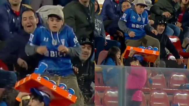 Qué mala suerte: Vendedora de bebidas quedó empapada por un pelotazo en el UC vs. Ñublense