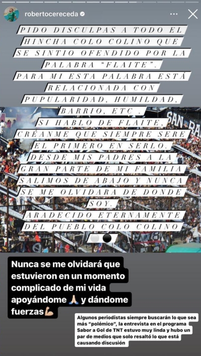 Roberto Cereceda: Pido disculpas a todo el hincha colocolino que se sintió ofendido por la palabra flaite