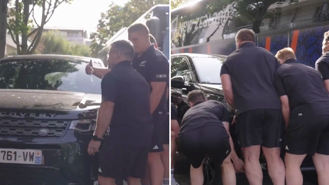 ¡Una muestra de su fuerza! Los All Blacks movieron una camioneta en París