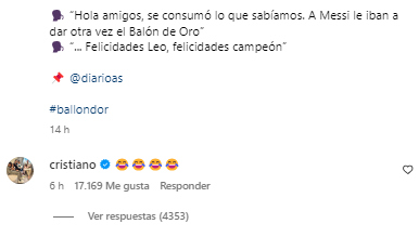 Cristiano generó polémica tras octavo Balón de Oro de Messi