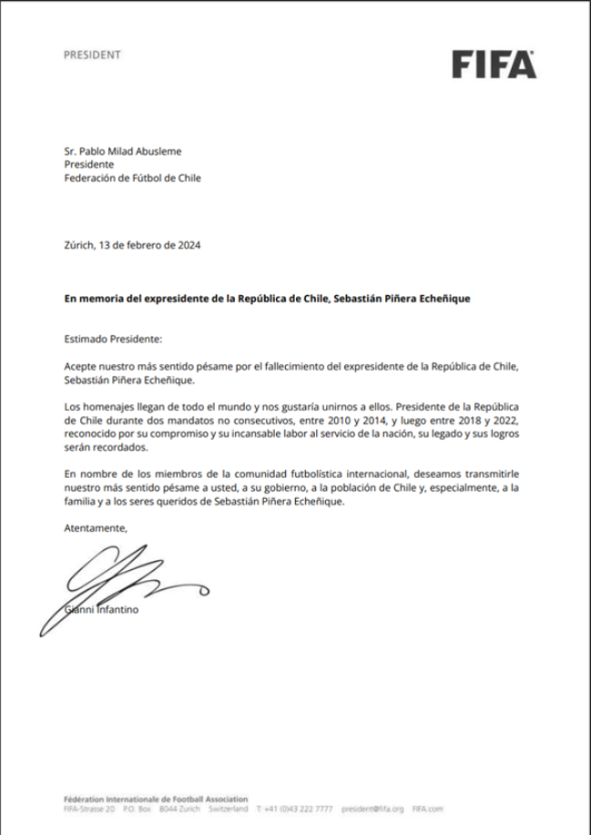 La FIFA envió carta para expresar pésame por el fallecimiento de Sebastián Piñera