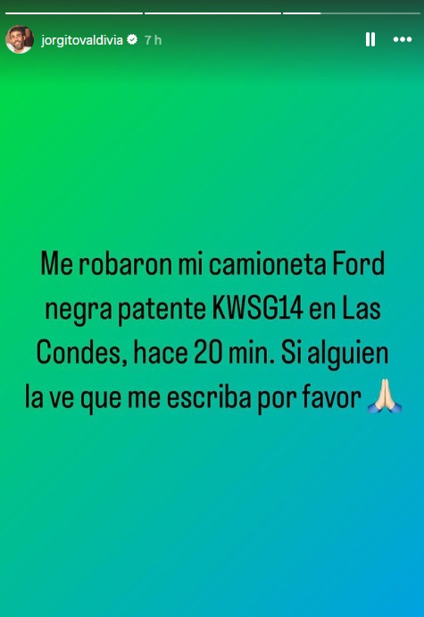 Jorge Valdivia sufrió el robo de su camioneta frente a su edificio en Las Condes