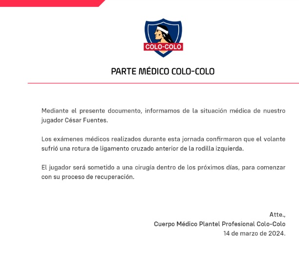 Colo Colo confirmó grave lesión de César Fuentes