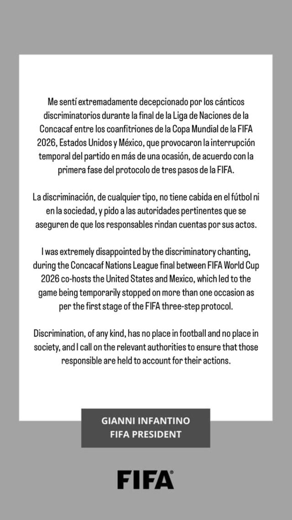 Infantino está “decepcionado” con cánticos discriminatorios en la Concacaf Nations League