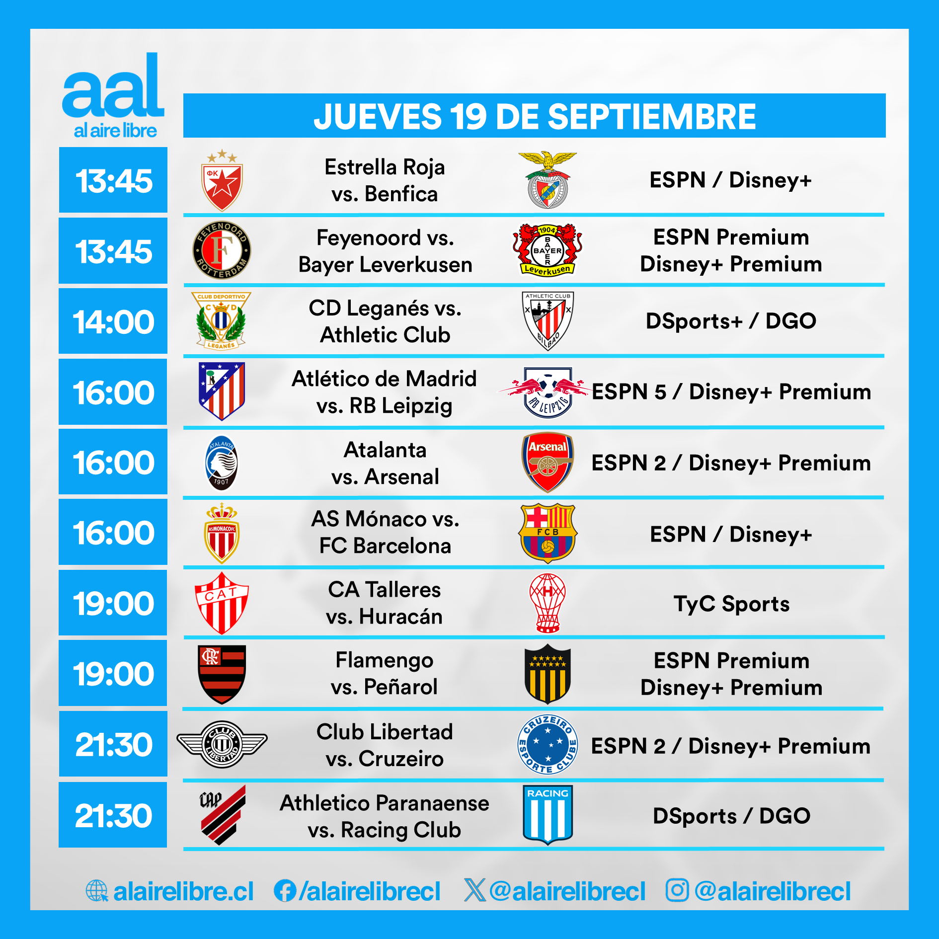Partidos de hoy, jueves 19 de septiembre: Horarios y cómo ver fútbol en vivo