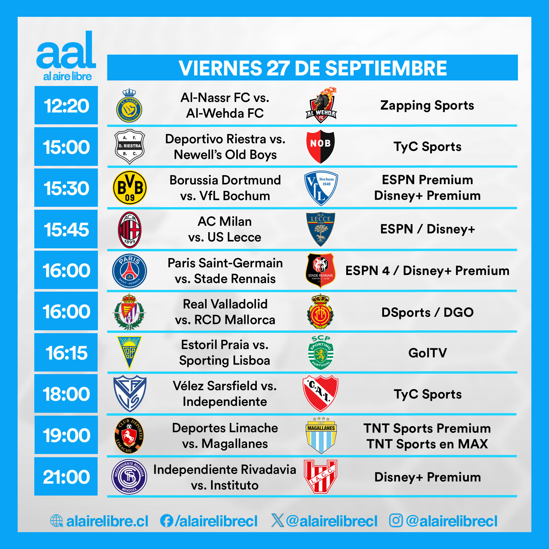 Partidos de hoy, viernes 27 de septiembre: Horarios y cómo ver fútbol en vivo