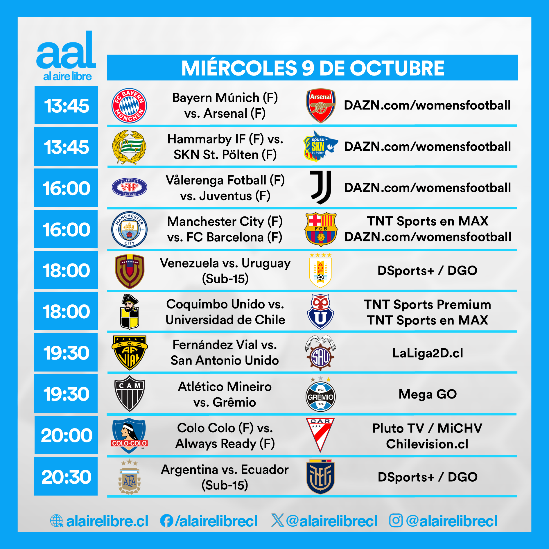 Partidos de hoy, miércoles 9 de octubre: Horarios y cómo ver fútbol en vivo
