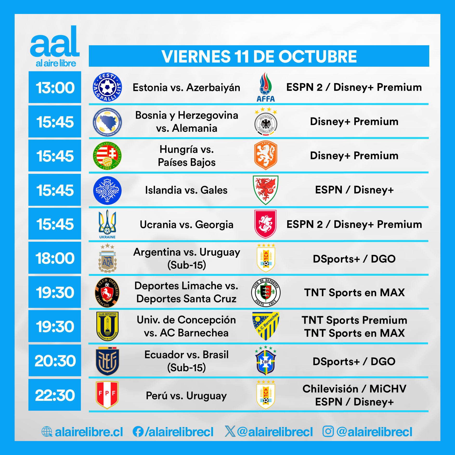 Partidos de hoy, viernes 11 de octubre: Horarios y cómo ver fútbol en vivo