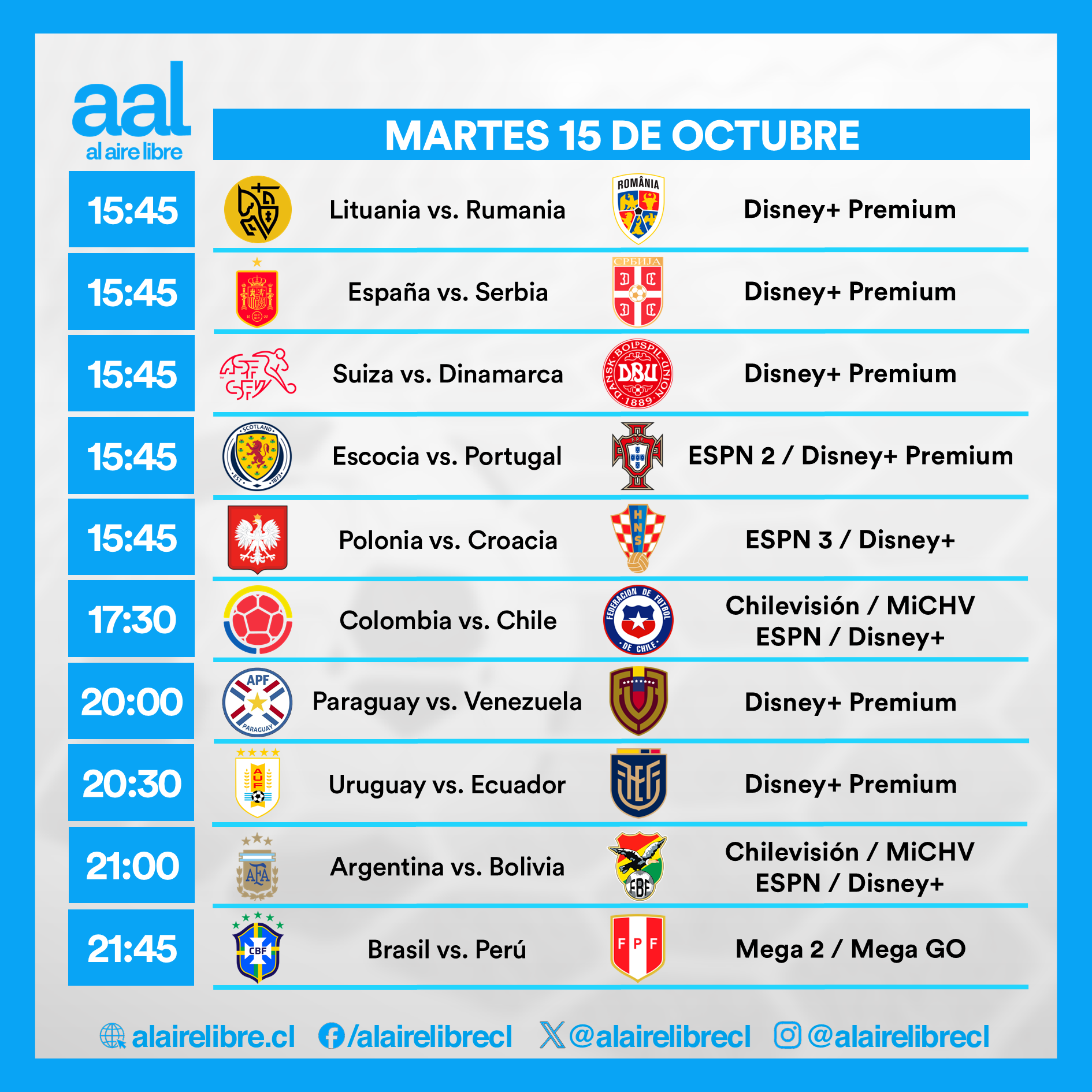 Partidos de hoy, martes 15 de octubre: Horarios y cómo ver fútbol en vivo