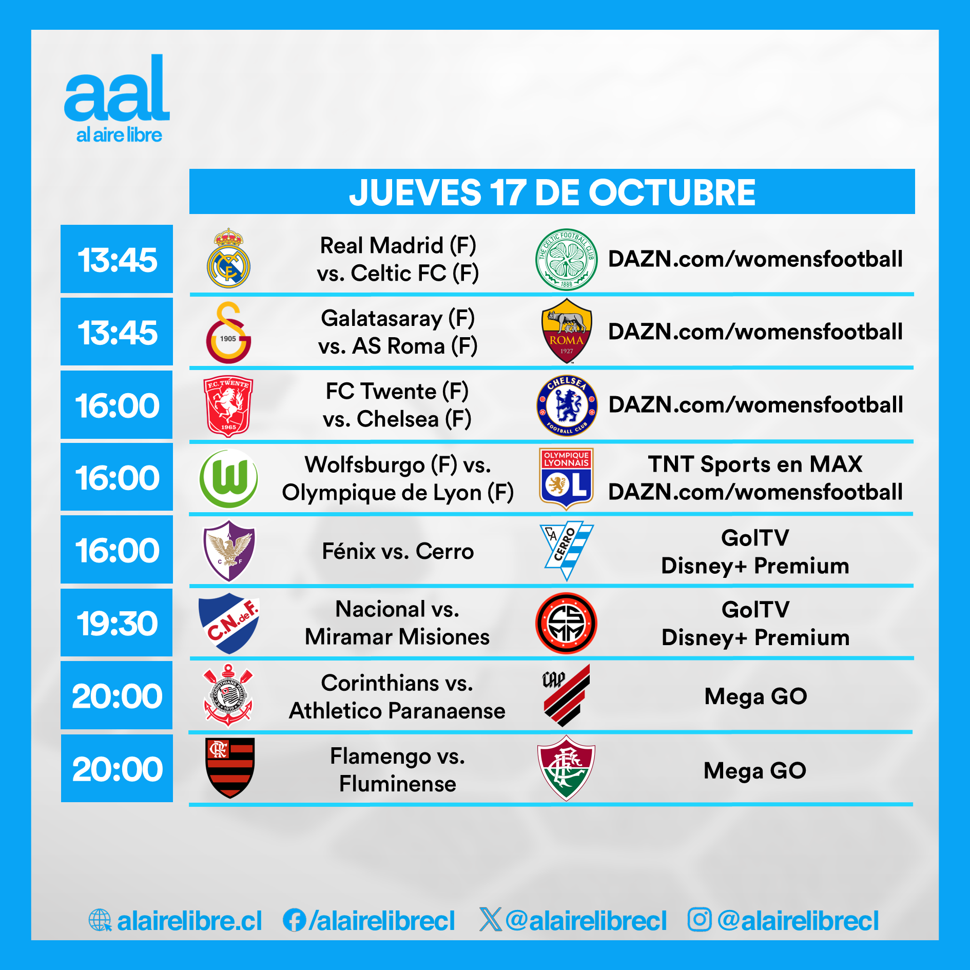 Partidos de hoy, jueves 17 de octubre: Horarios y cómo ver fútbol en vivo