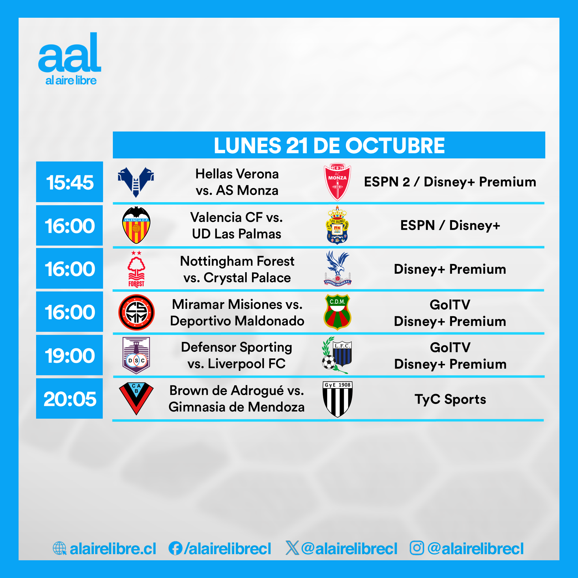 Partidos de hoy, lunes 21 de octubre: Horarios y cómo ver fútbol en vivo