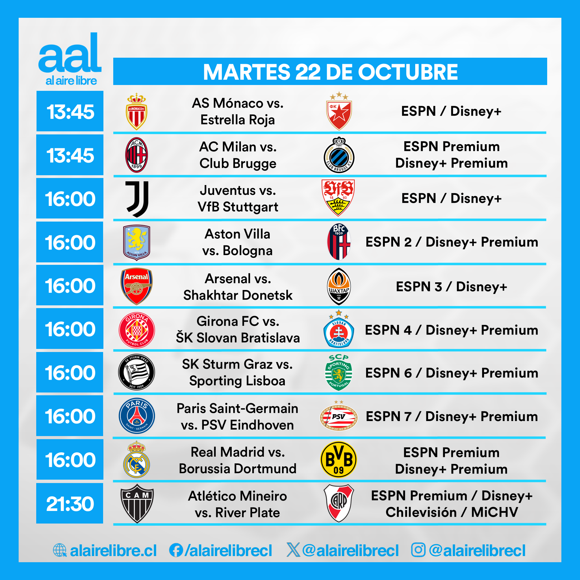 Partidos de hoy, martes 22 de octubre: Horarios y cómo ver fútbol en vivo