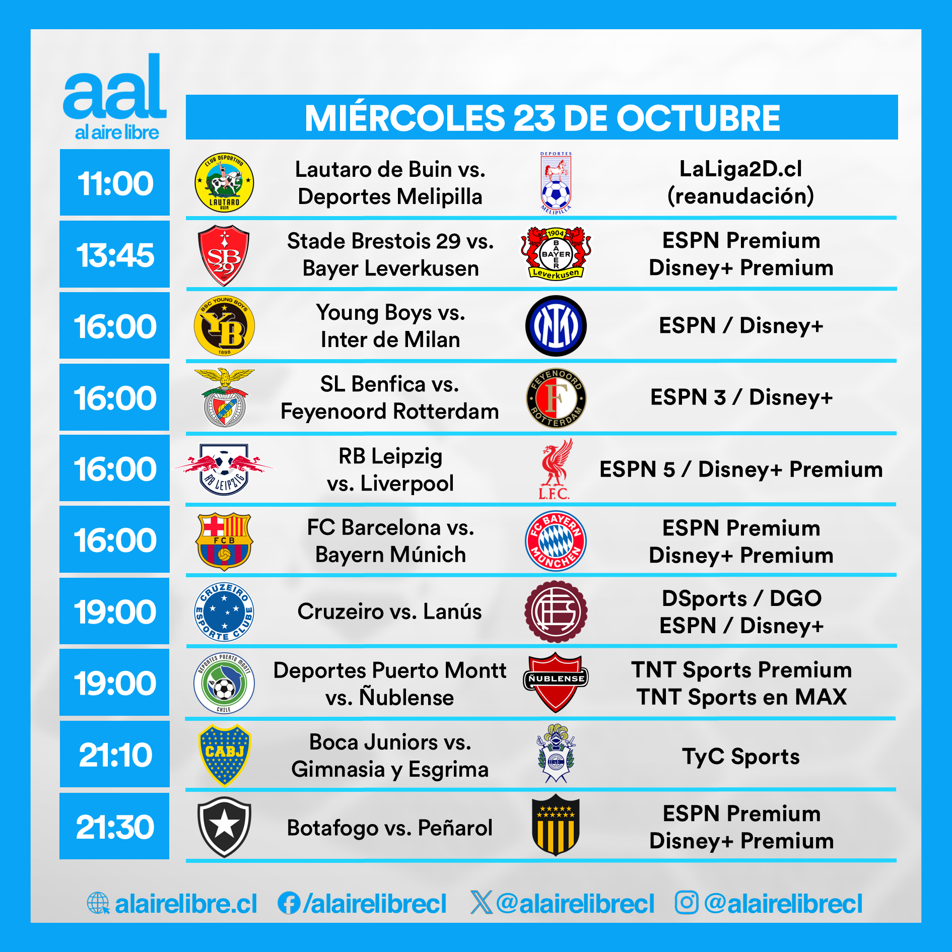 Partidos de hoy, miércoles 23 de octubre: Horarios y cómo ver fútbol en vivo