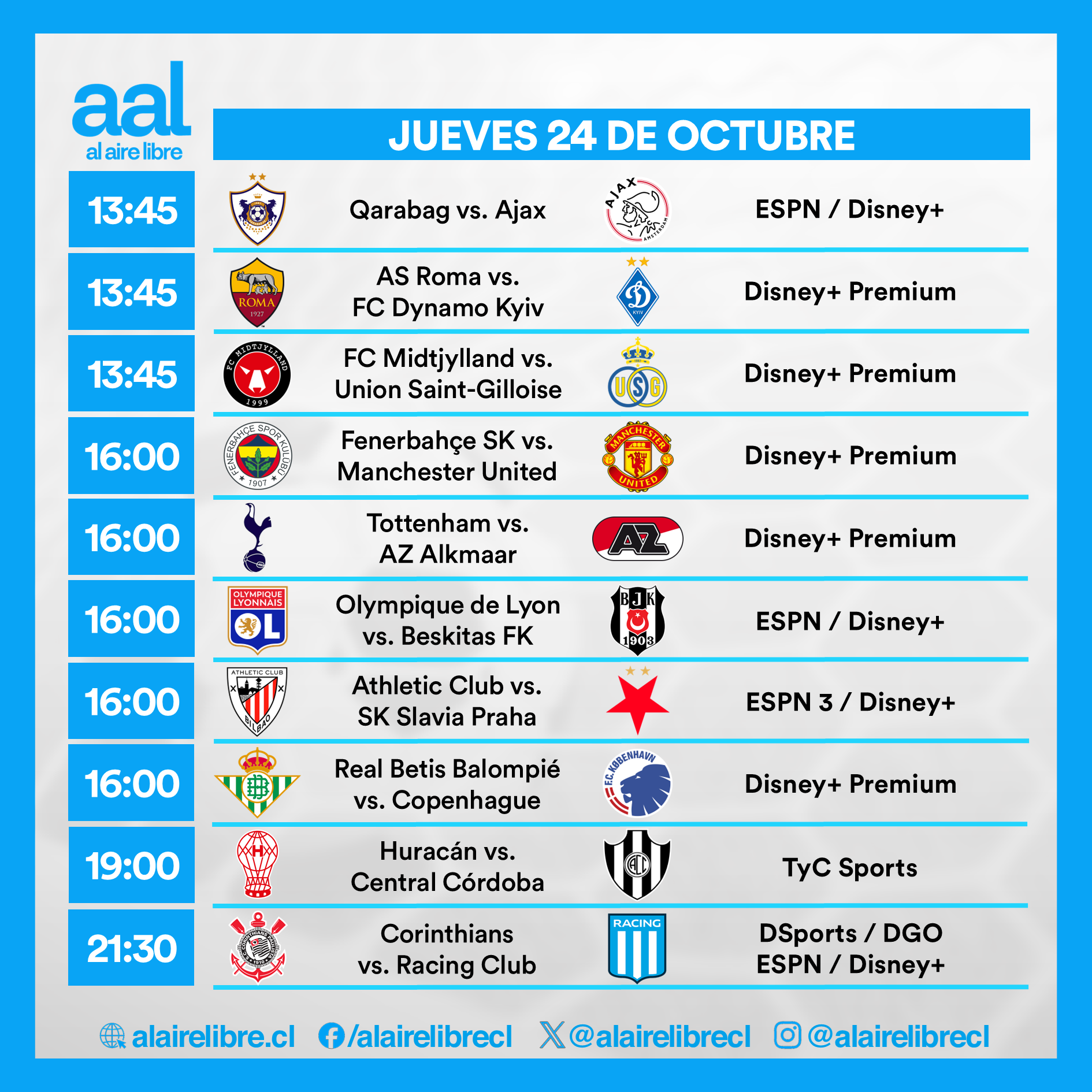 Partidos de hoy, jueves 24 de octubre: Horarios y cómo ver fútbol en vivo