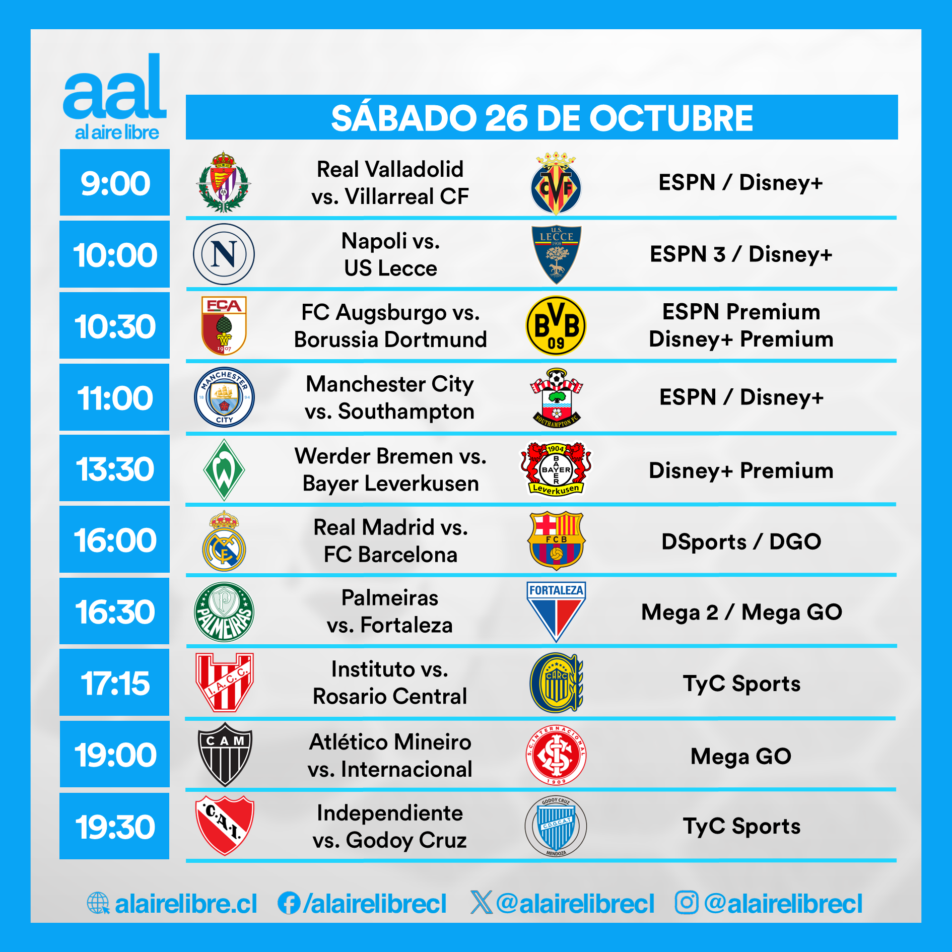 Partidos de hoy, sábado 26 de octubre: Horarios y cómo ver fútbol en vivo