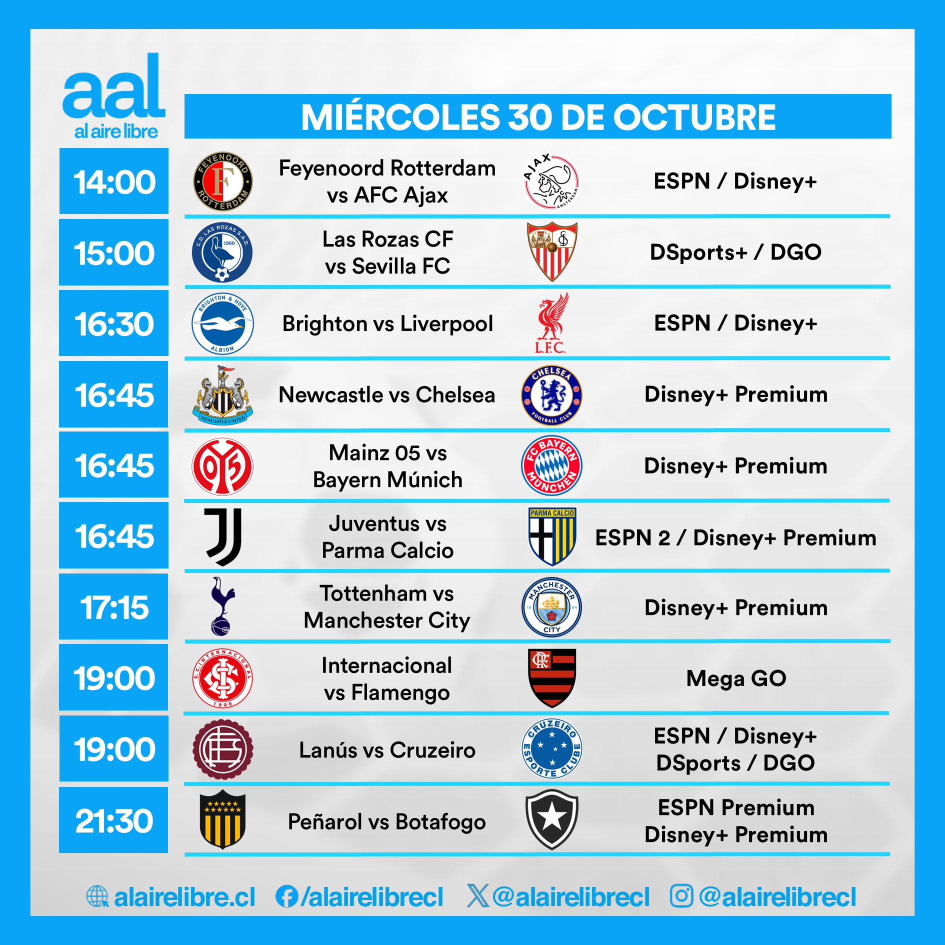 Partidos de hoy, miércoles 30 de octubre: Horarios y cómo ver fútbol en vivo