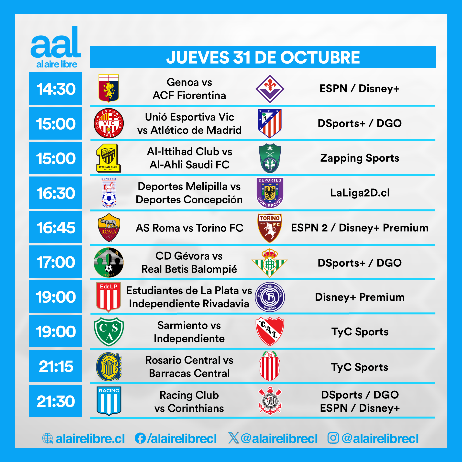 Partidos de hoy, jueves 31 de octubre: Horarios y cómo ver fútbol en vivo