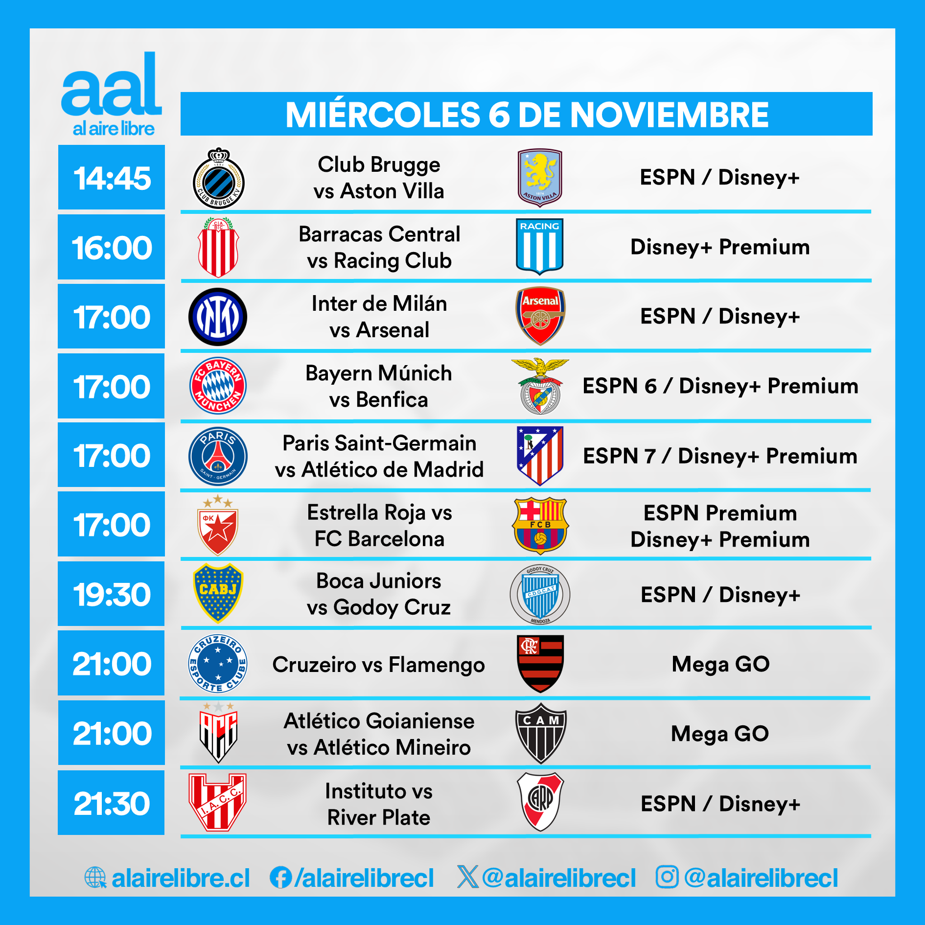 Partidos de hoy, miércoles 6 de noviembre: Horarios y cómo ver fútbol en vivo