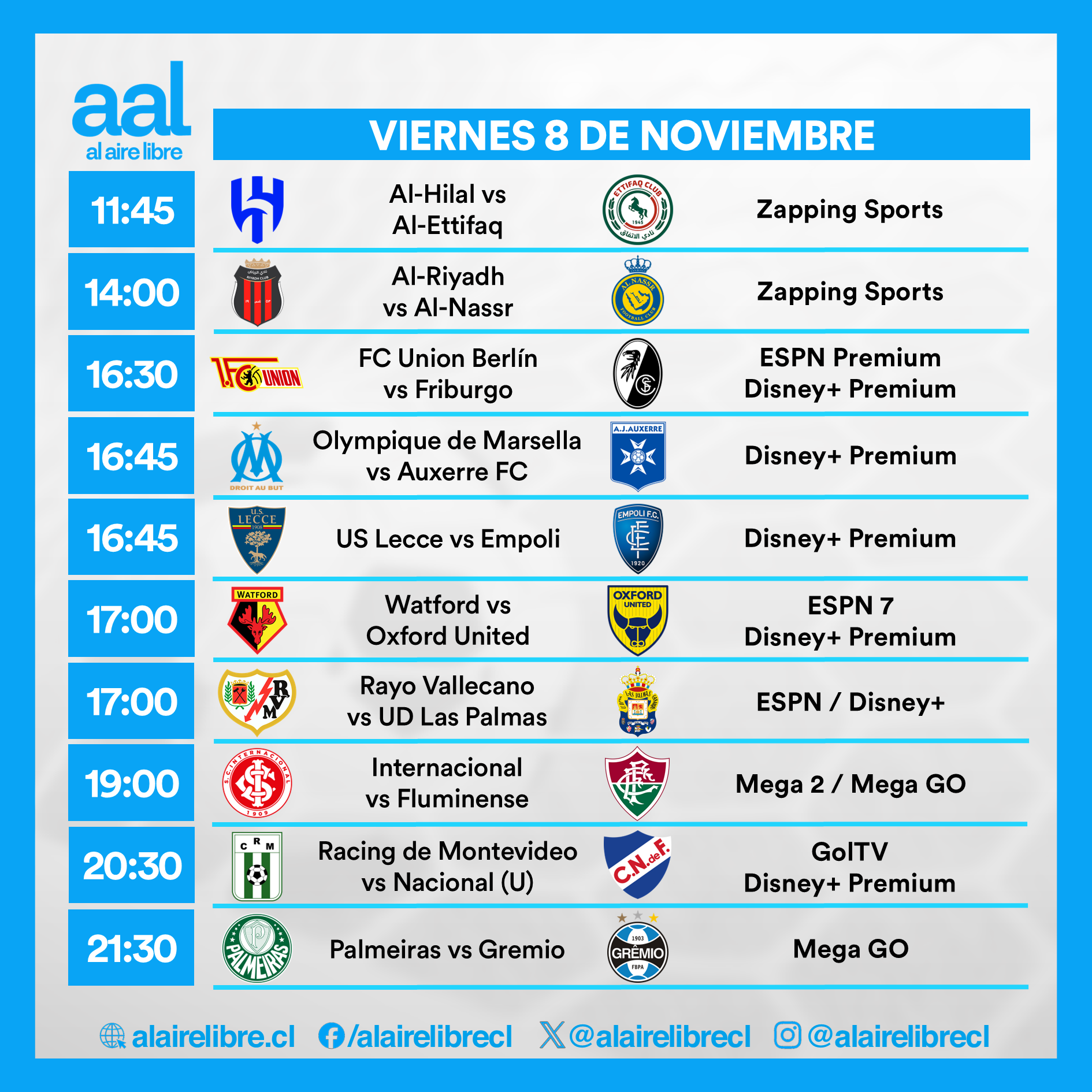 Partidos de hoy, viernes 8 de noviembre: Horarios y cómo ver fútbol en vivo