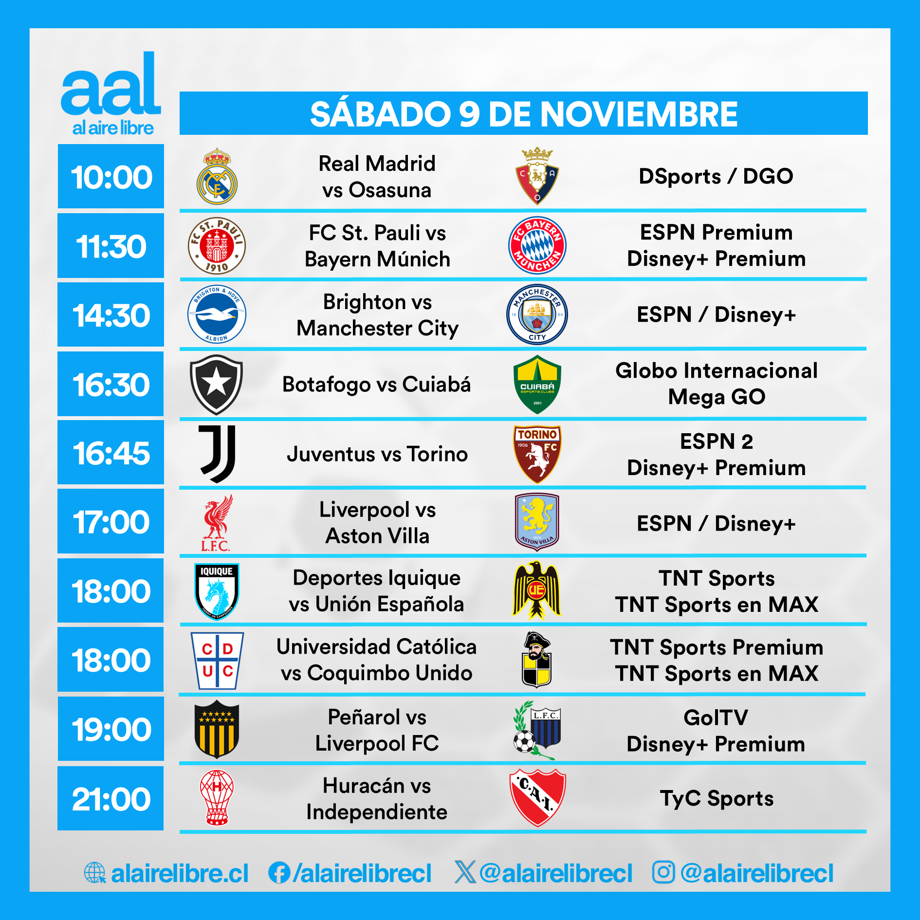 Partidos de hoy, sábado 9 de noviembre: Horarios y cómo ver fútbol en vivo
