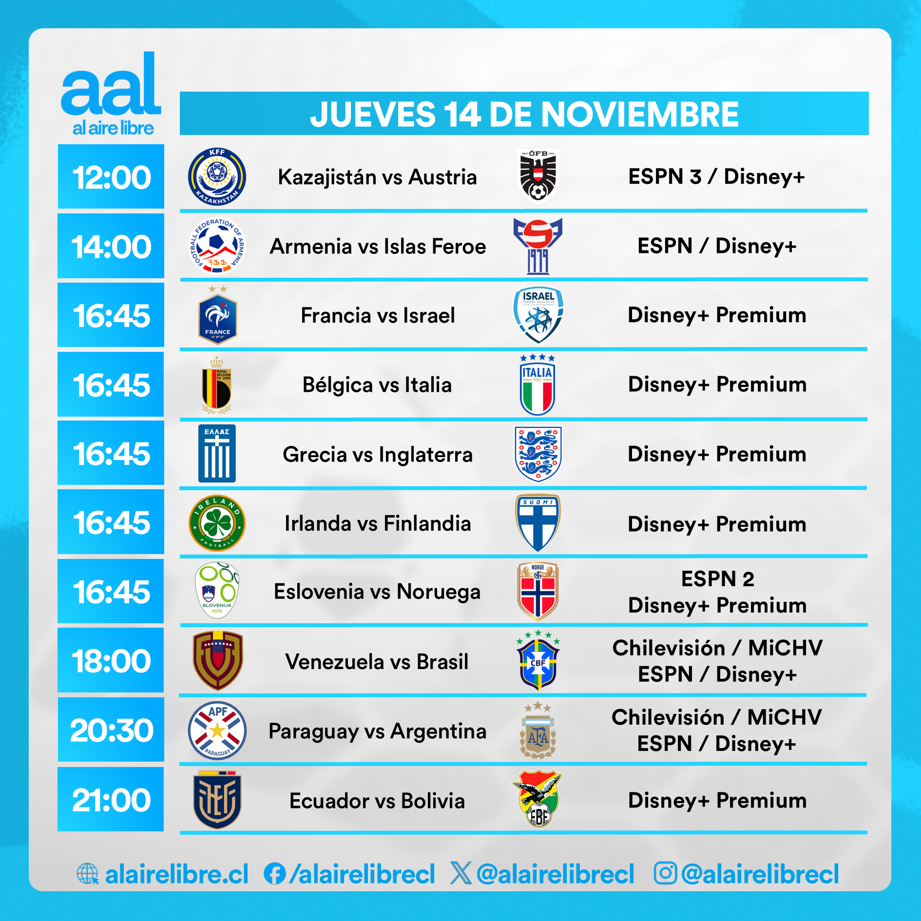 Partidos de hoy, jueves 14 de noviembre: Horarios y cómo ver fútbol en vivo