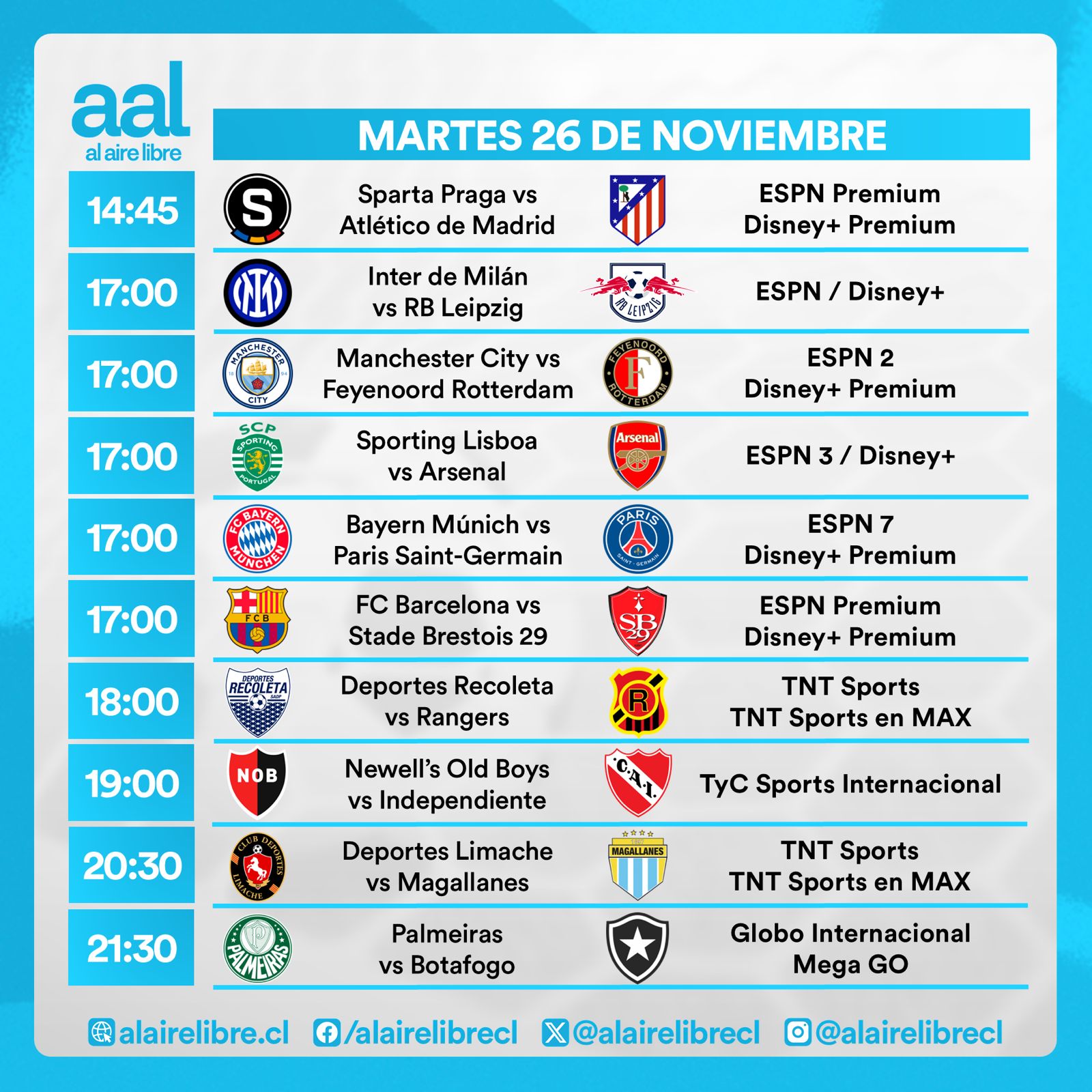 Partidos de hoy, martes 26 de noviembre: Horarios y cómo ver fútbol en vivo