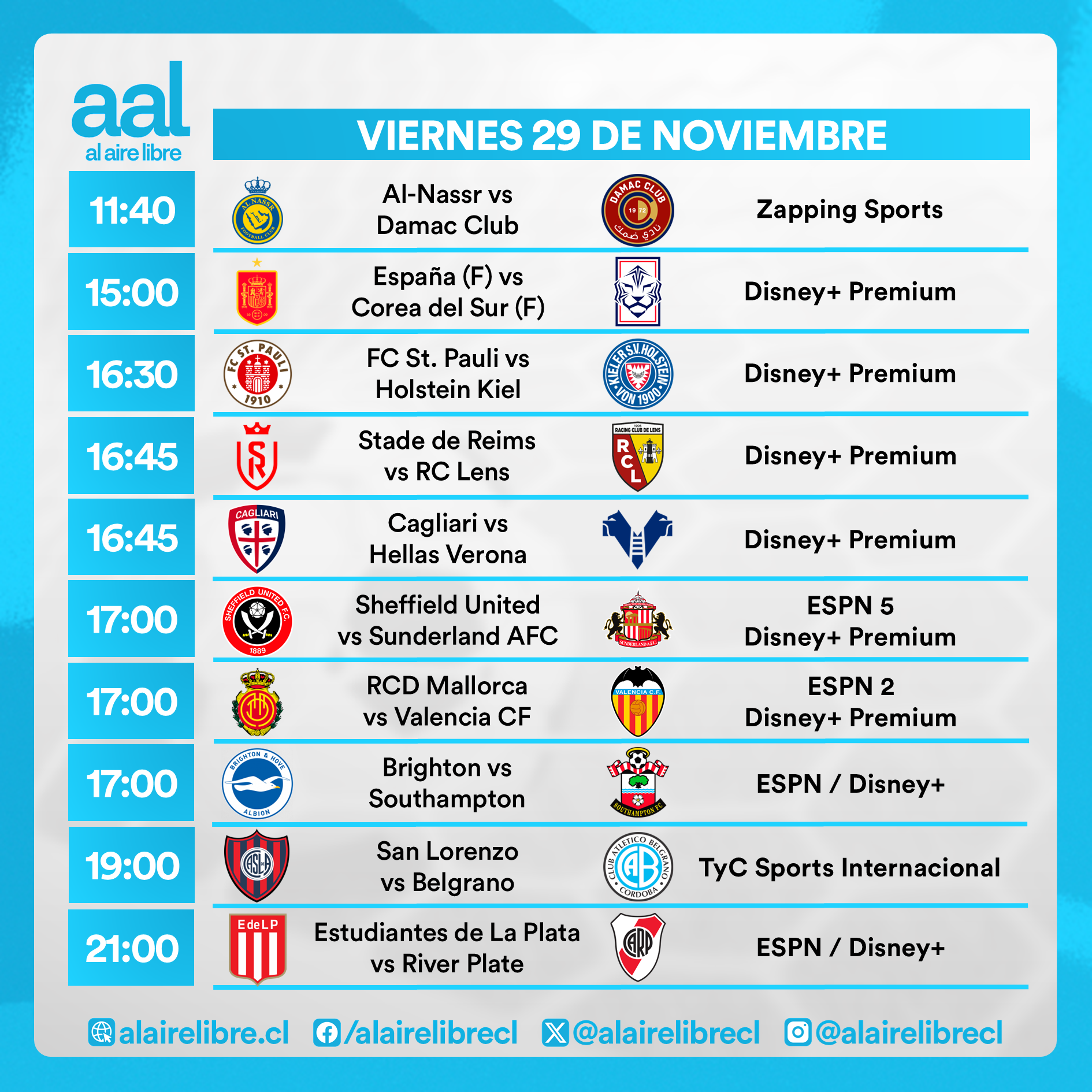 Partidos de hoy, viernes 29 de noviembre: Horarios y cómo ver fútbol en vivo