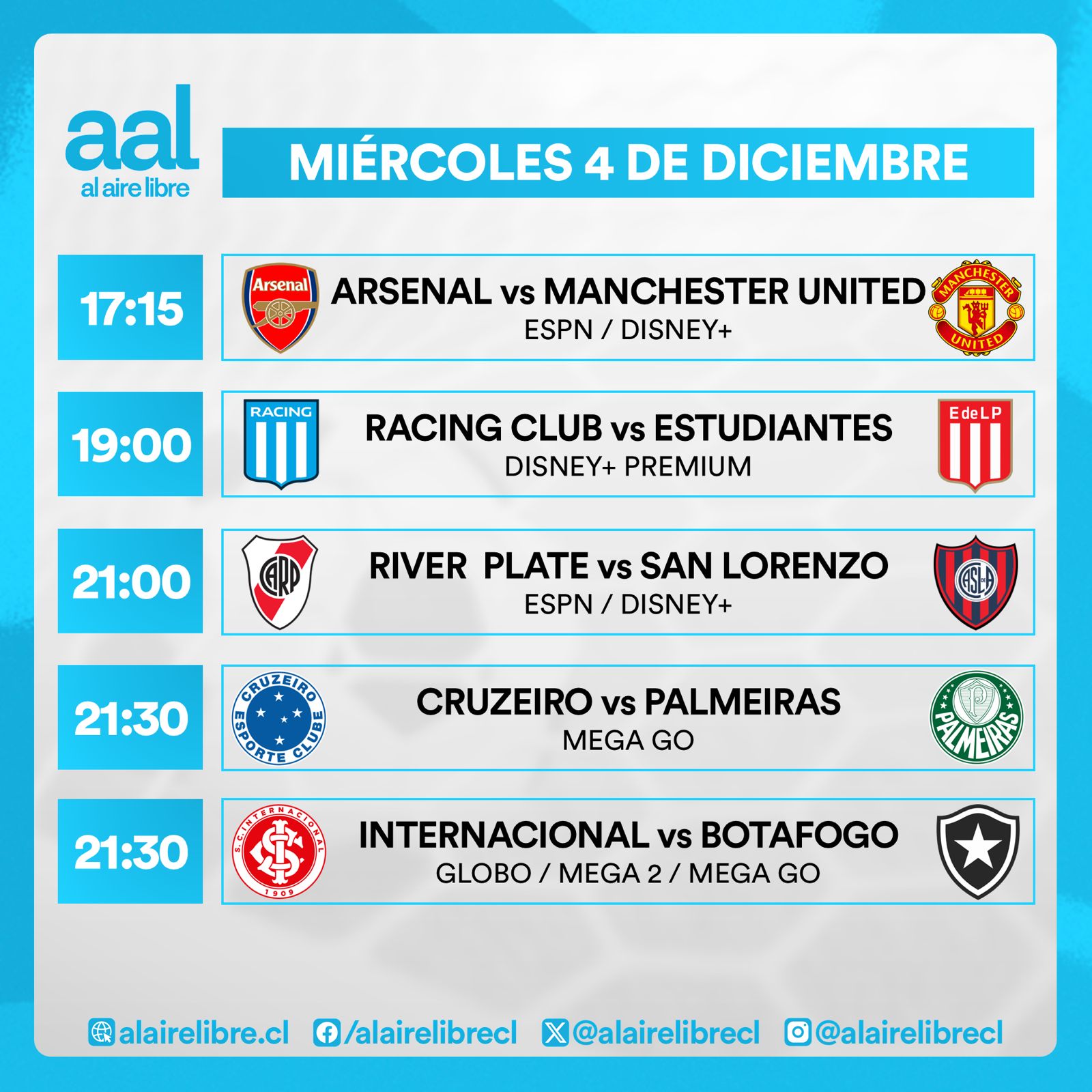 Partidos de hoy, miércoles 4 de diciembre: Horarios y cómo ver fútbol en vivo