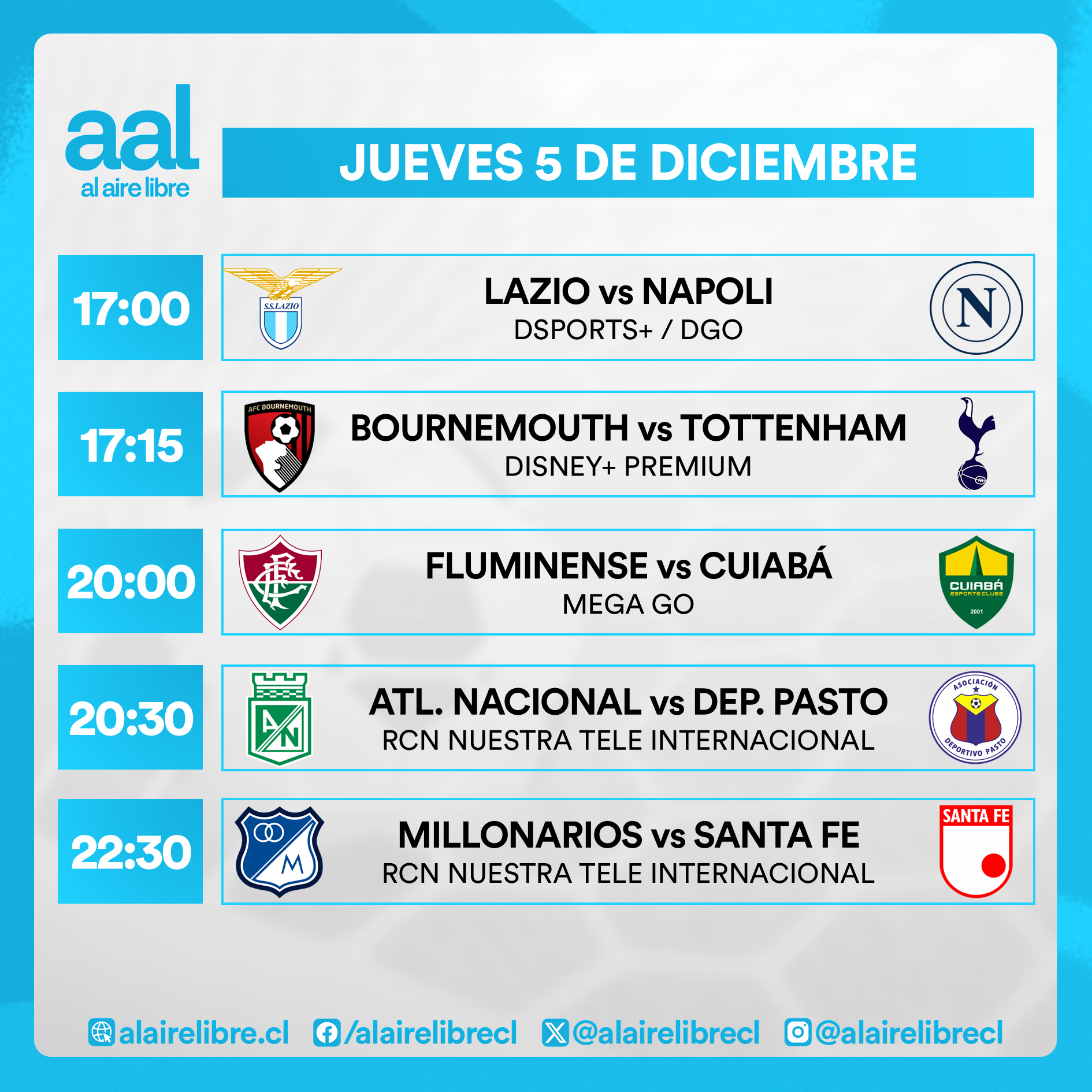 Partidos de hoy, jueves 5 de diciembre: Horarios y cómo ver fútbol en vivo