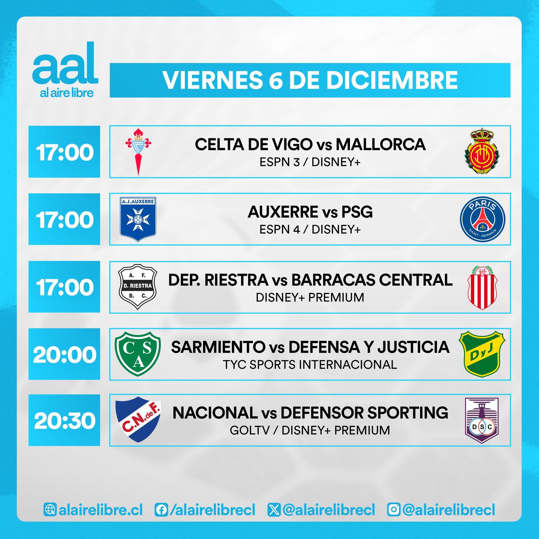 Partidos de hoy, viernes 6 de diciembre: Horarios y cómo ver fútbol en vivo