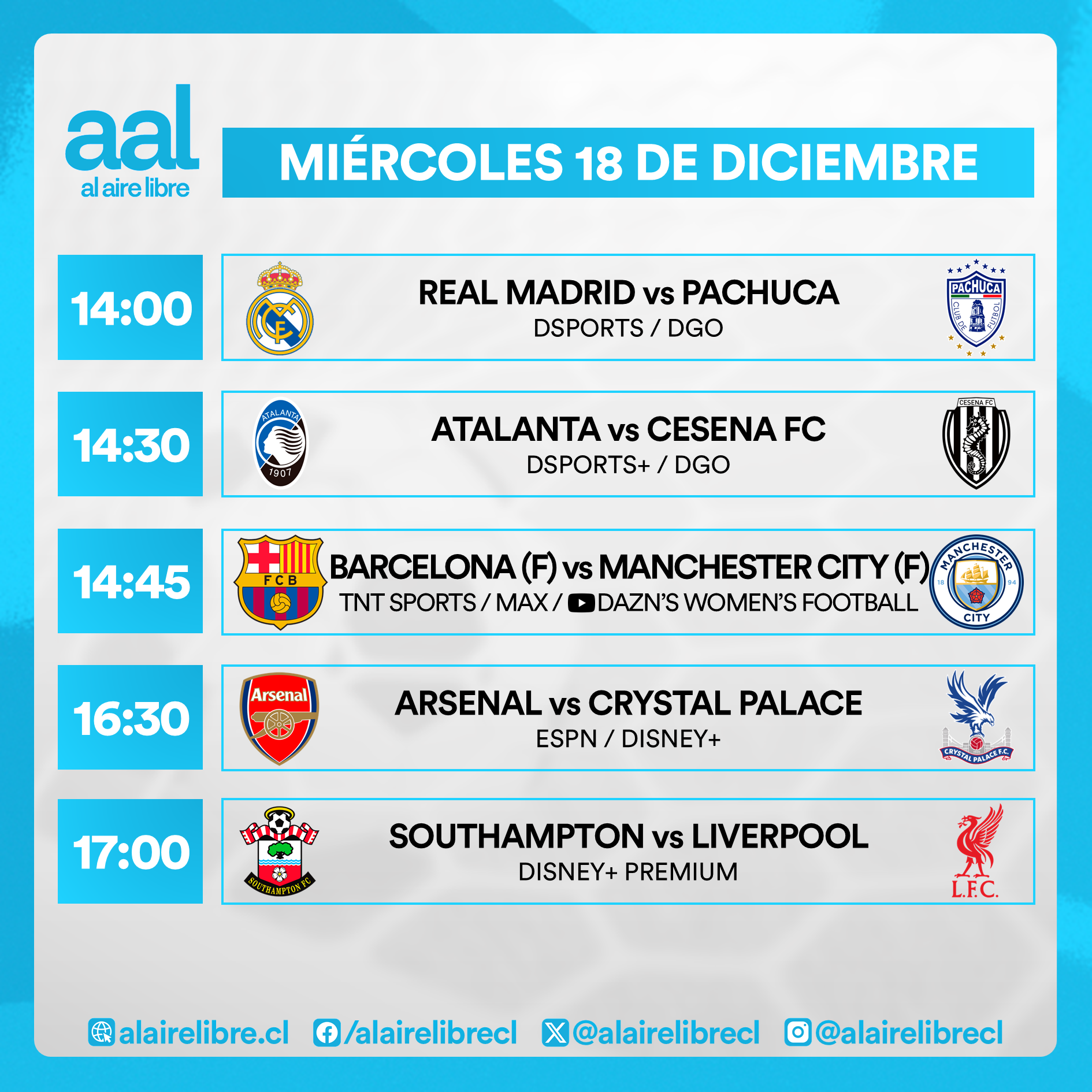 Partidos de hoy, miércoles 18 de diciembre: Horarios y cómo ver fútbol en vivo