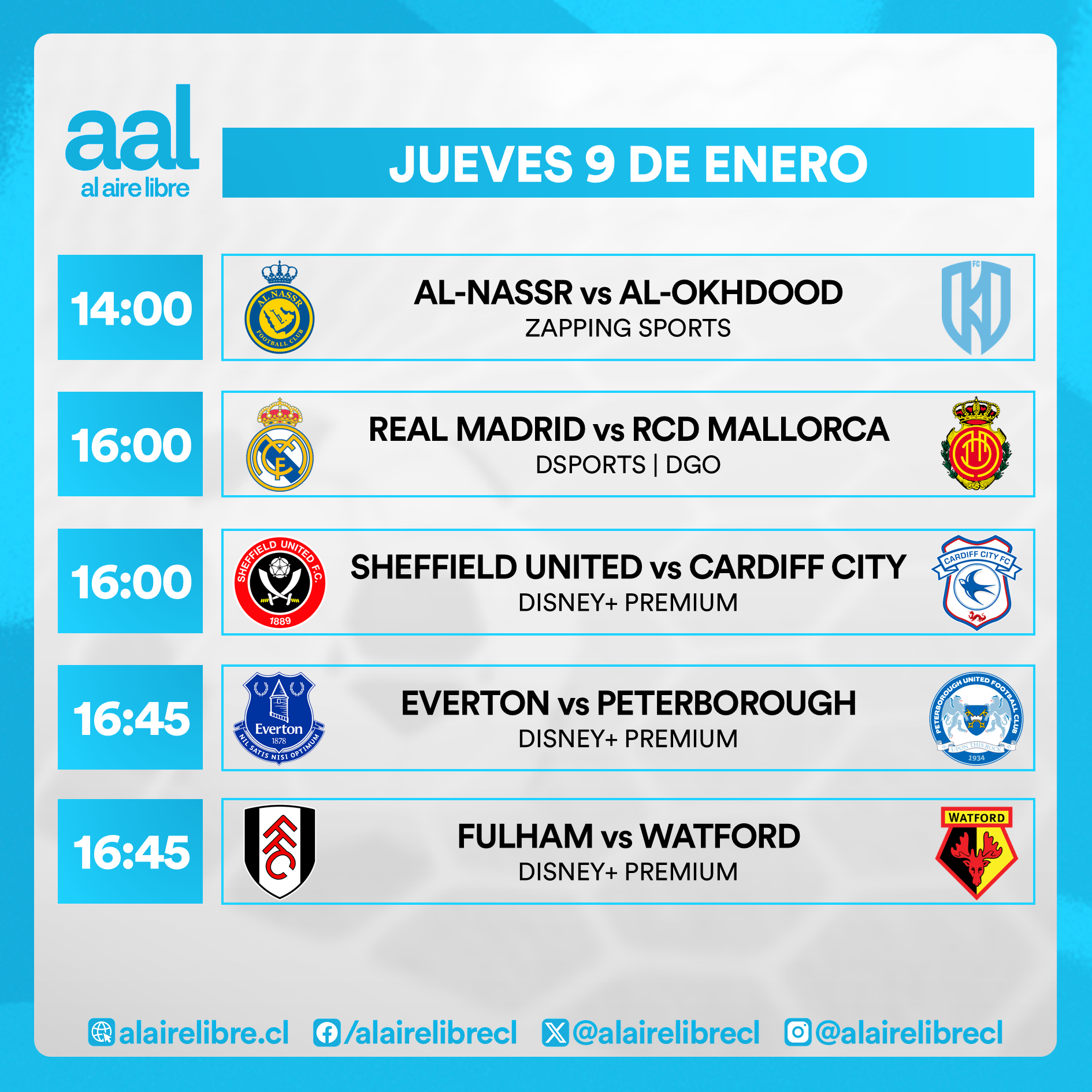 Partidos de hoy, jueves 9 de enero: Horarios y cómo ver fútbol en vivo