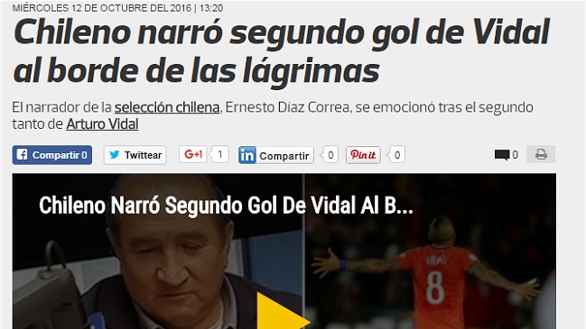 Diario peruano destacó el relato de Ernesto Díaz Correa en el segundo gol de Vidal