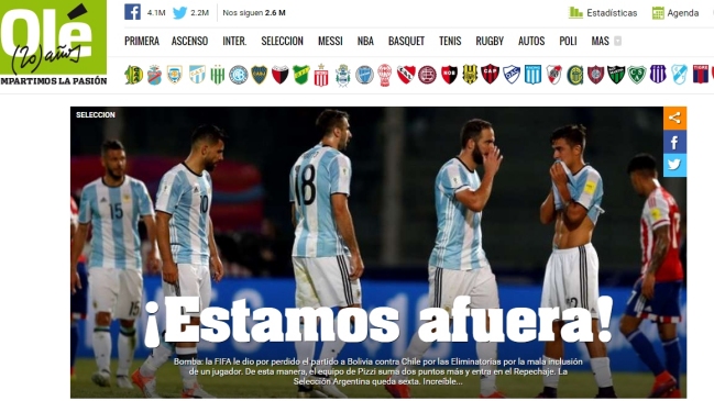 En Argentina lamentaron decisión de la FIFA: "Afuera por escritorio"