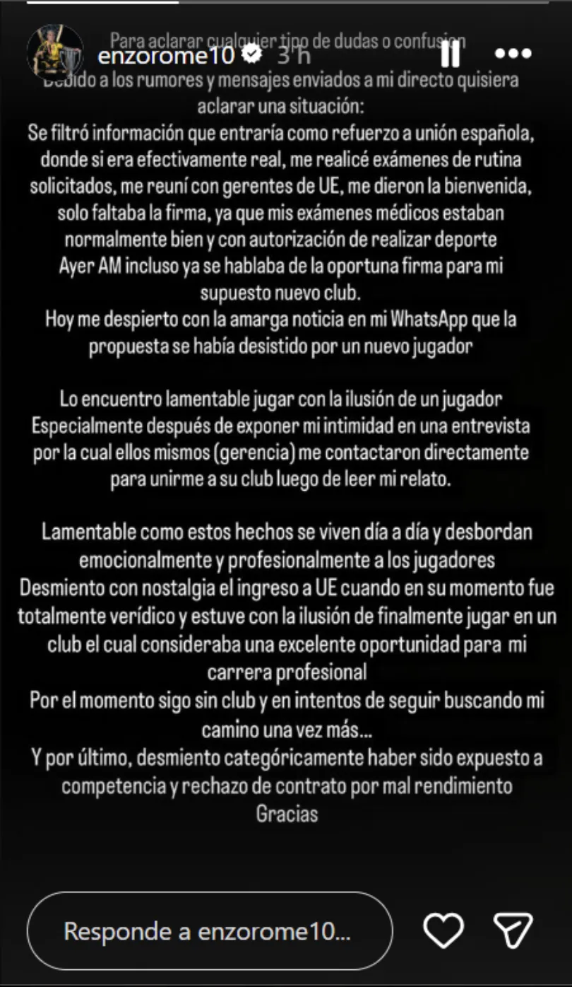 Descargo de Enzo Riquelme en Instagram