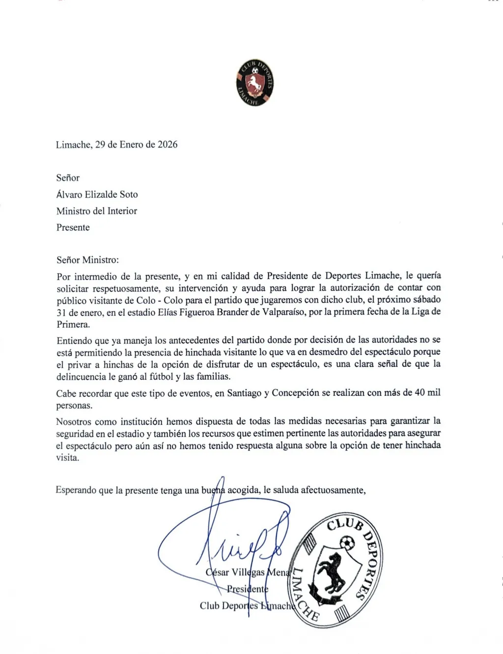 La carta del presidente de Limache al Ministro Elizalde / ©Cedida.