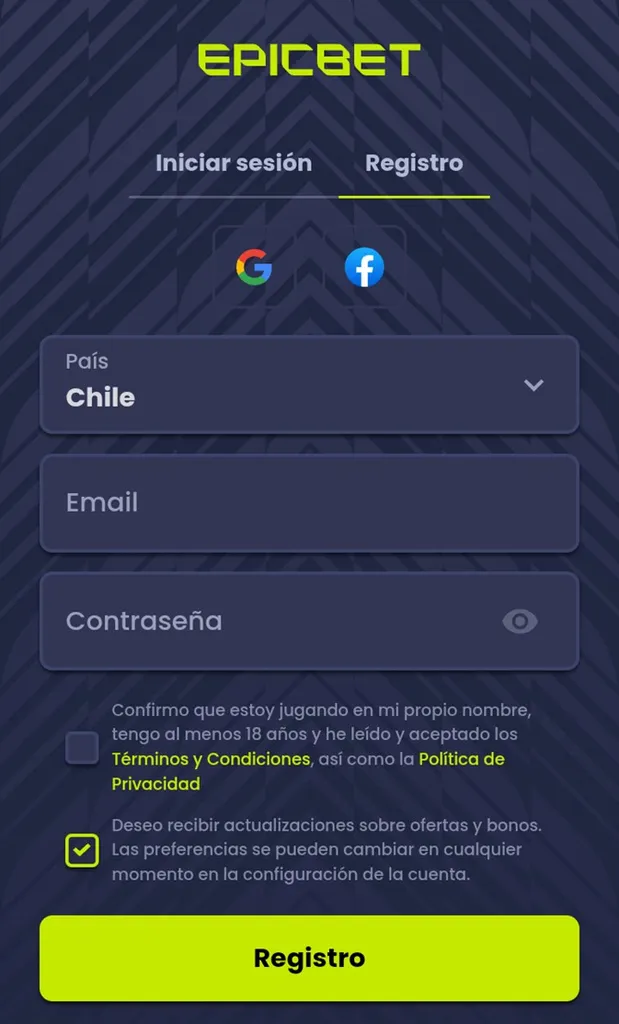 Código promocional Epicbet-Registro