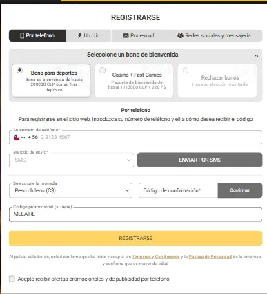 registrarse con codigo MELAIRE en melbet