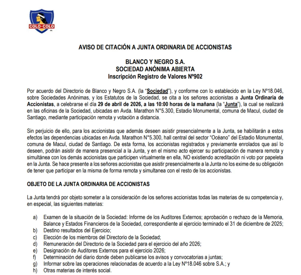 El llamado a la próxima Junta Ordinaria de Accionistas de Blanco y Negro / ©Captura del llamado.