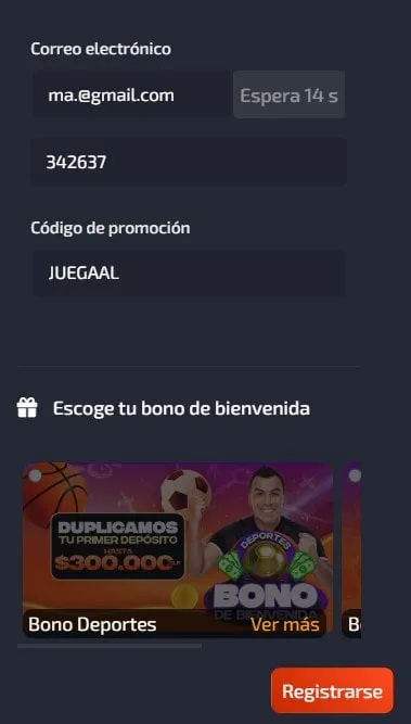 registro en juegaenlinea con el codigo