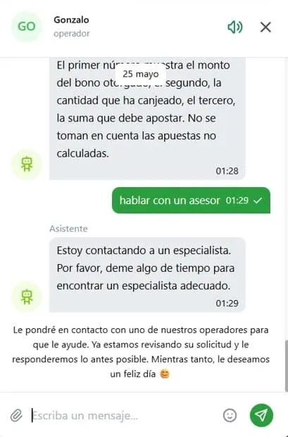 Experiencia en el chat en vivo casino 1xbet Chile