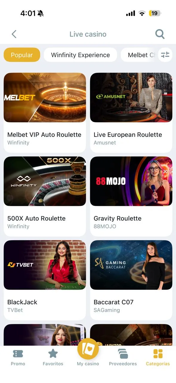 Juegos en vivo en Melbet Casino