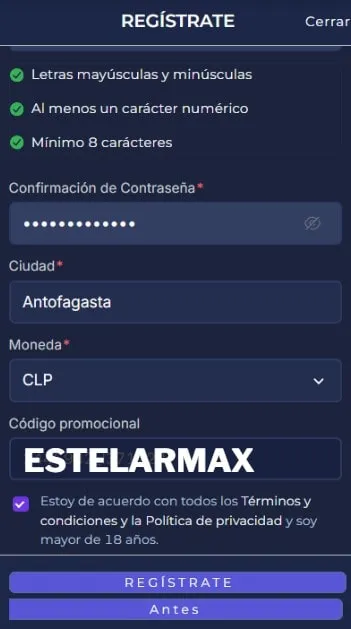 registro estelarbet con el codigo