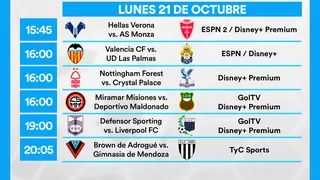 Partidos de hoy, lunes 21 de octubre: Horarios y cómo ver fútbol en vivo
